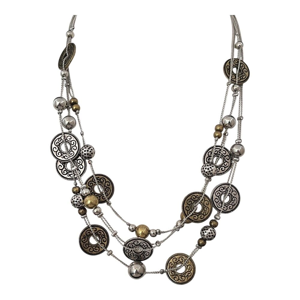 New Multi Strand Necklace Silver Brass Tones Statements - 12O